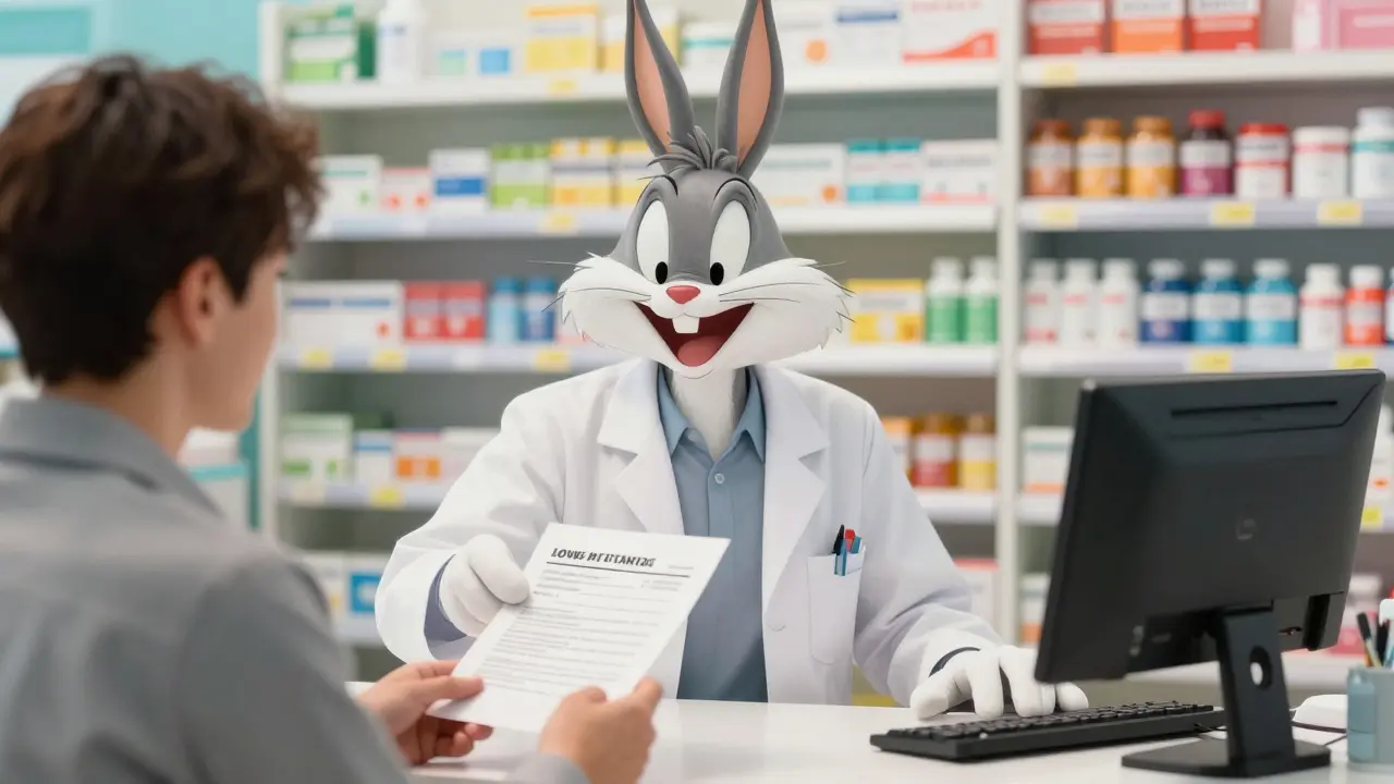 Cartoon patient giving list to pharmacist at counter