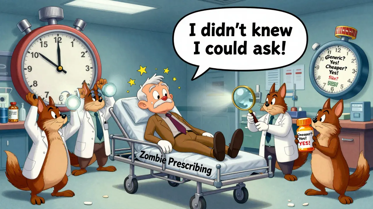 Elderly man in ER with pharmacists using tools to stop dangerous prescribing, in Looney Tunes style.