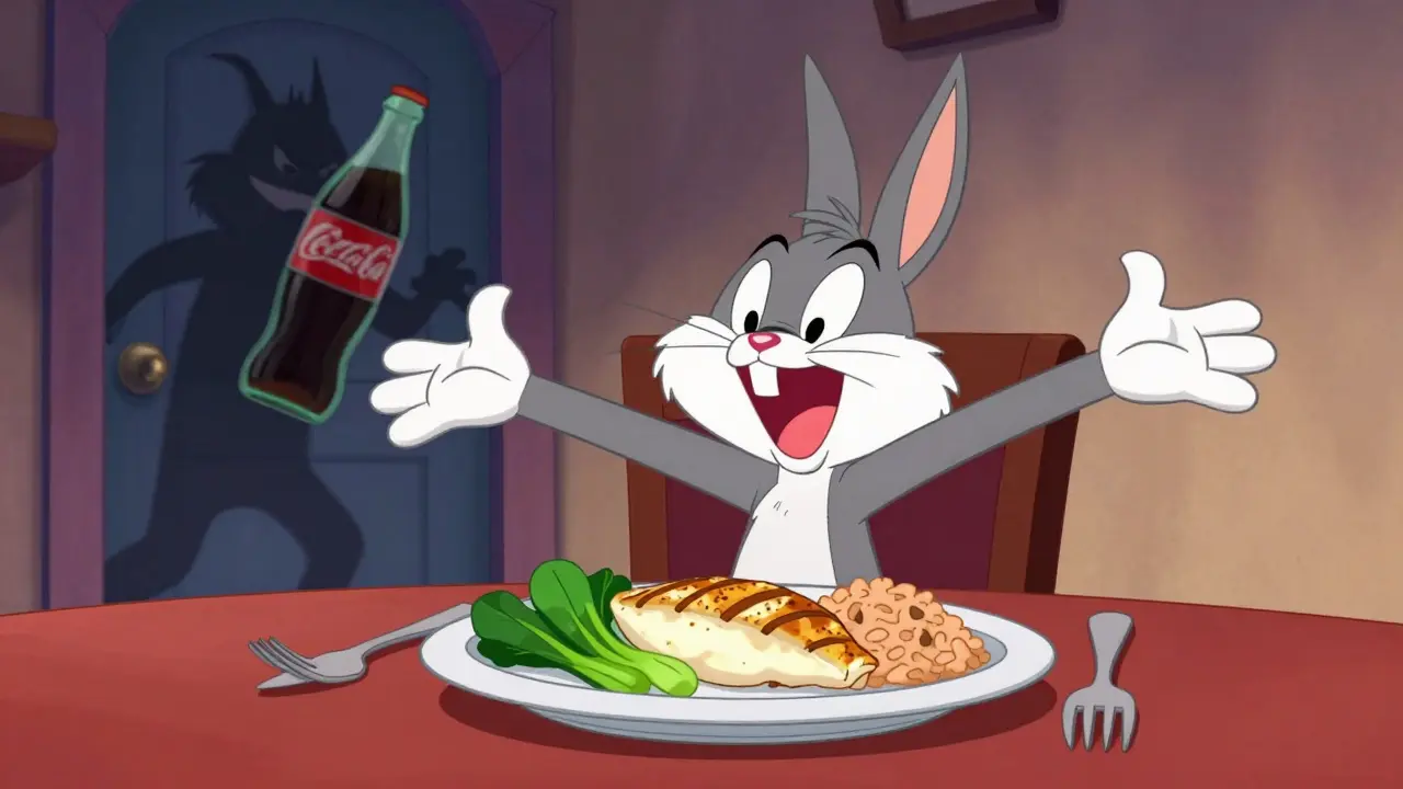 Happy character eating balanced meal in bright kitchen.