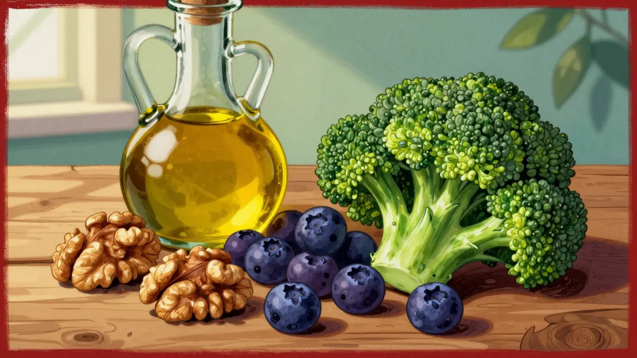 Healthy Mediterranean foods like nuts and oil on table.