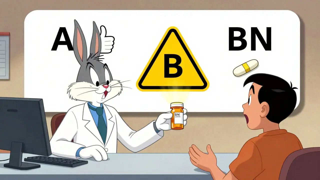 Pharmacist handing a generic pill to a customer while animated TE codes appear behind them.