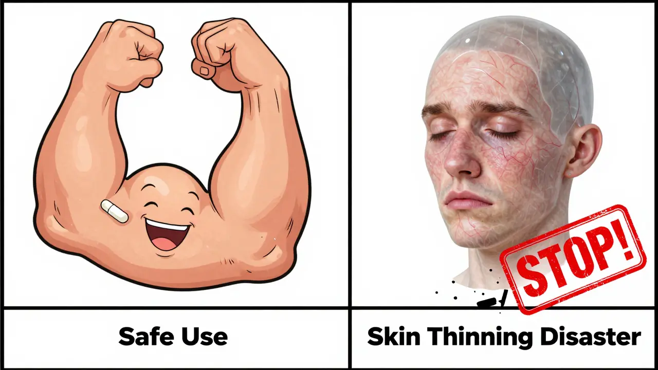 Side-by-side Looney Tunes cartoon comparing safe steroid use on elbow versus dangerous overuse on face.