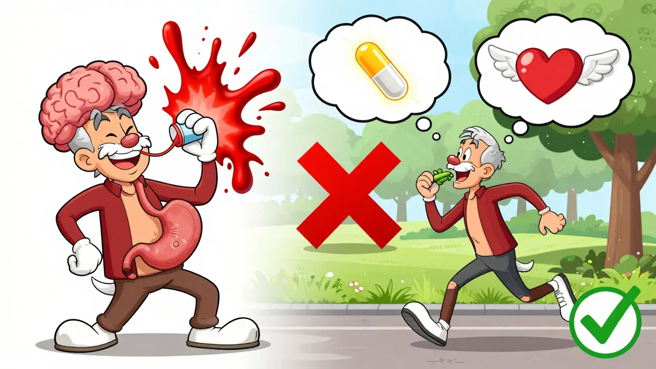 Split scene: one side shows aspirin causing internal explosions, the other shows healthy habits with a glowing statin.
