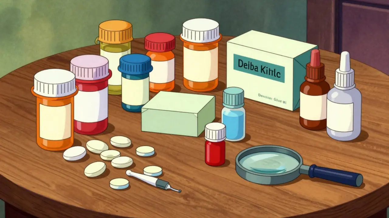 Various medicine bottles and vitamins on table