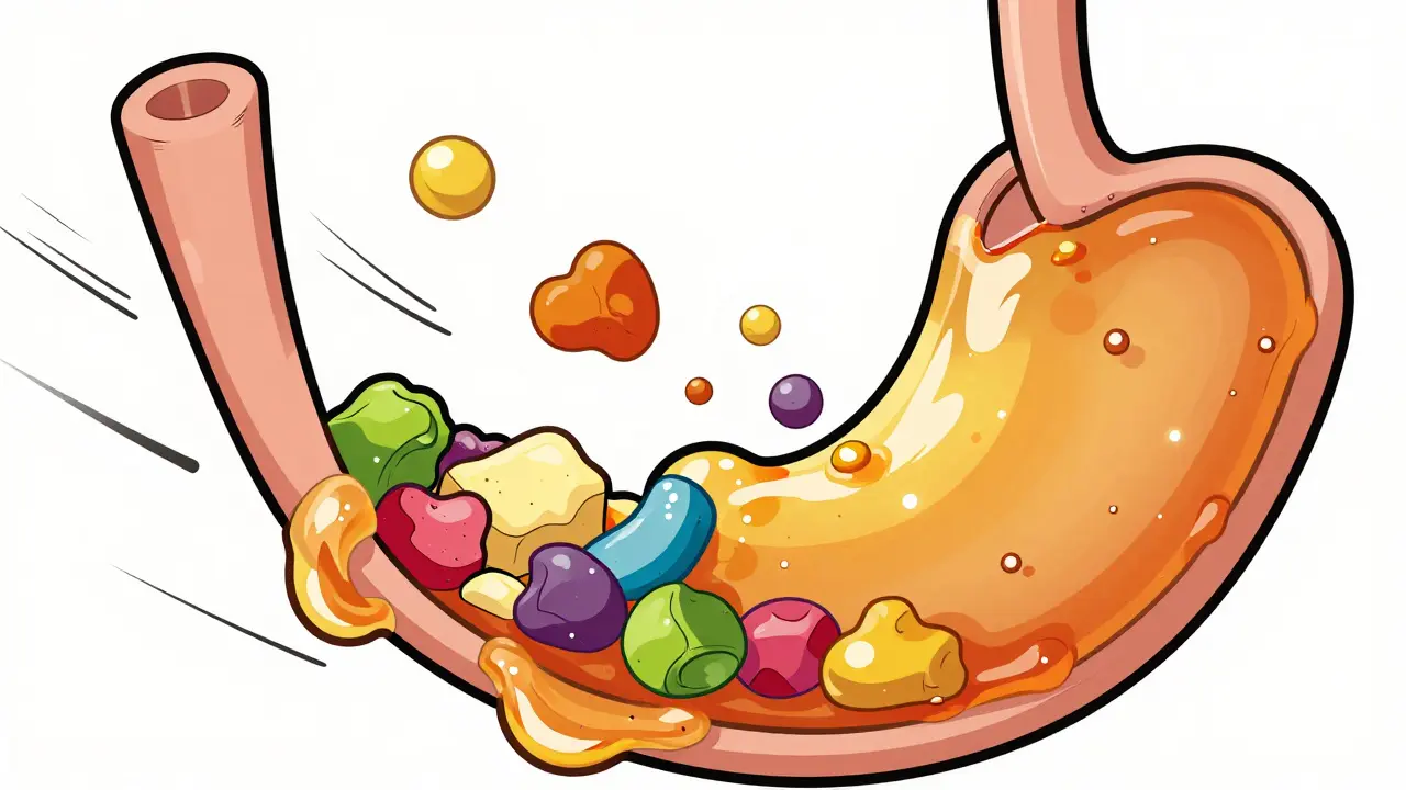 Whimsical stomach view showing gel slowing food movement