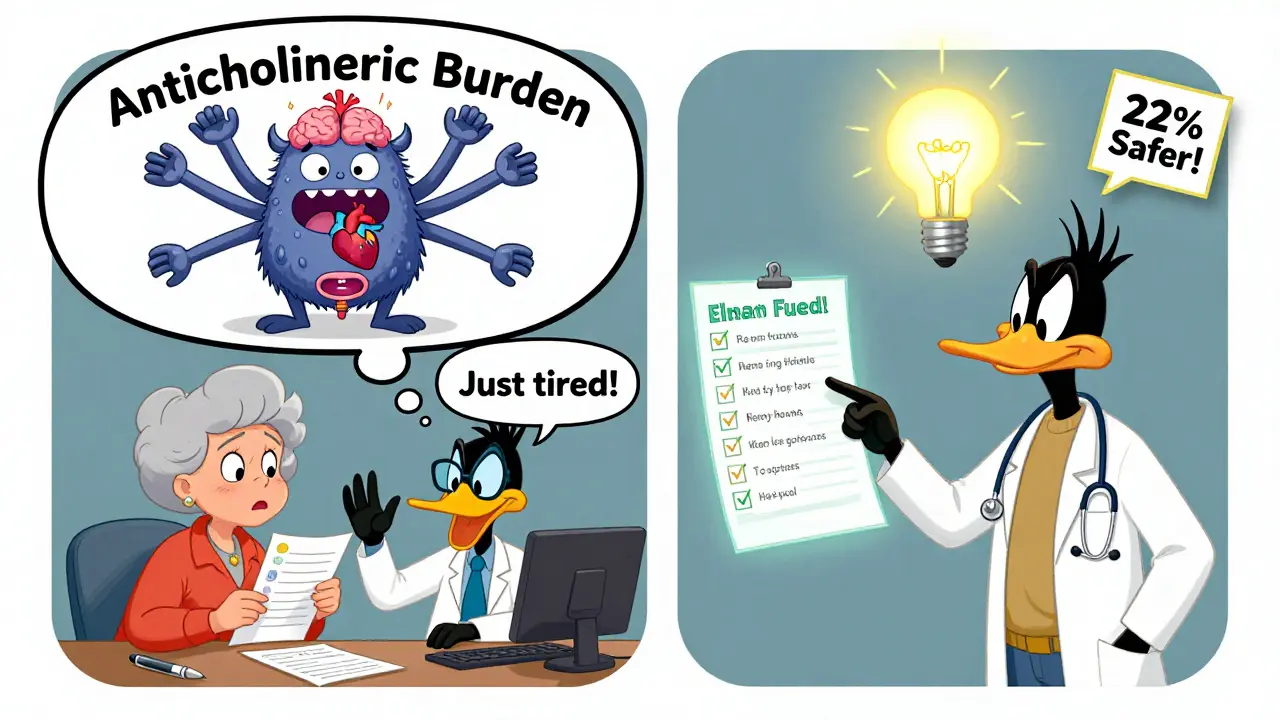 Woman asking questions about meds while a monster represents side effects, in Looney Tunes cartoon style.