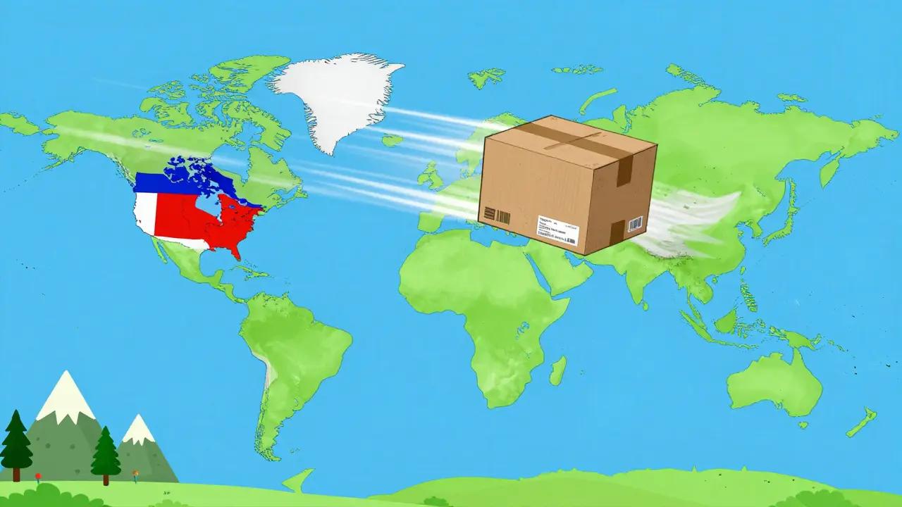 A medicine package flying across a colorful map from Canada to the USA.