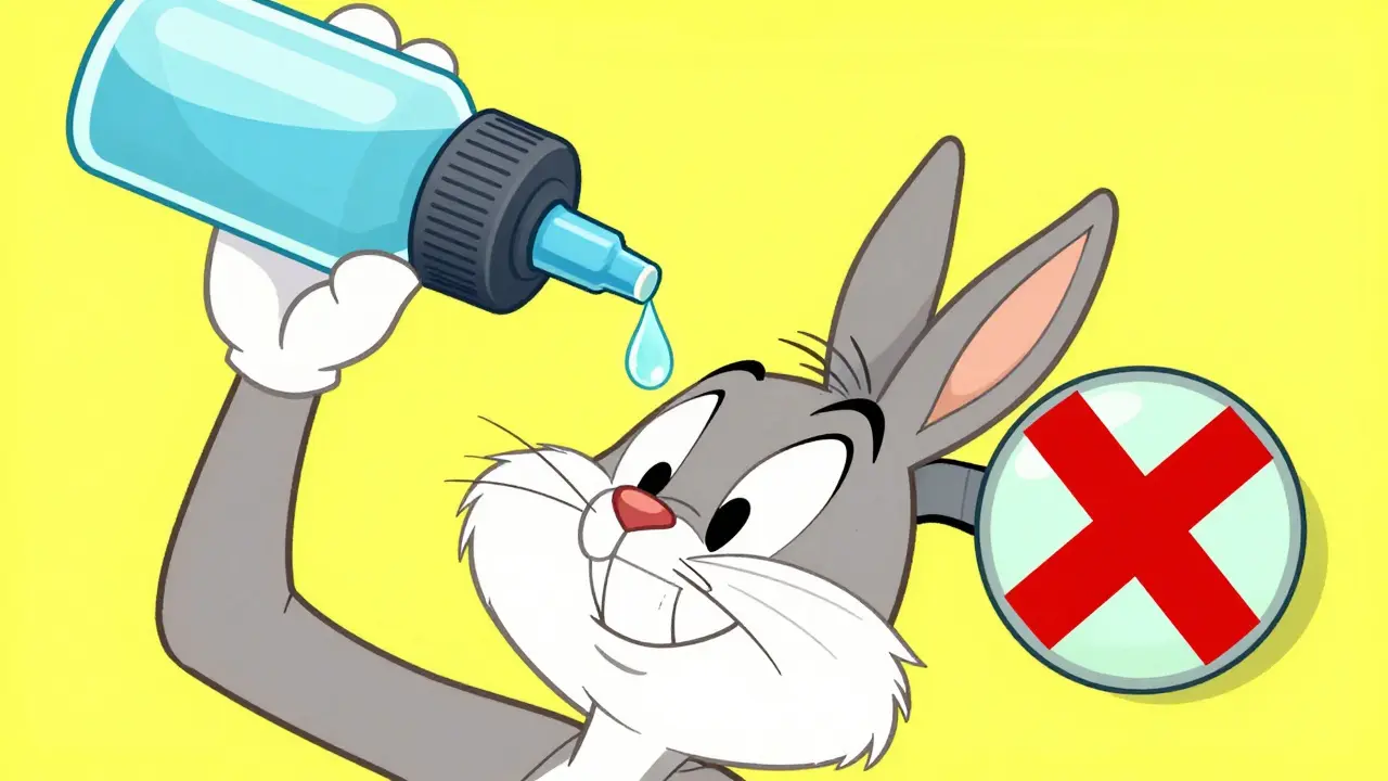 Cartoon character applying eye drops with a prohibited sign over contact lenses.