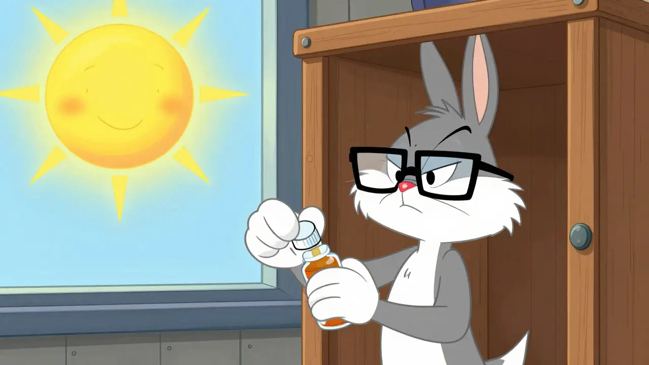 Cartoon character storing medication in a cool cabinet to protect it from the sun.