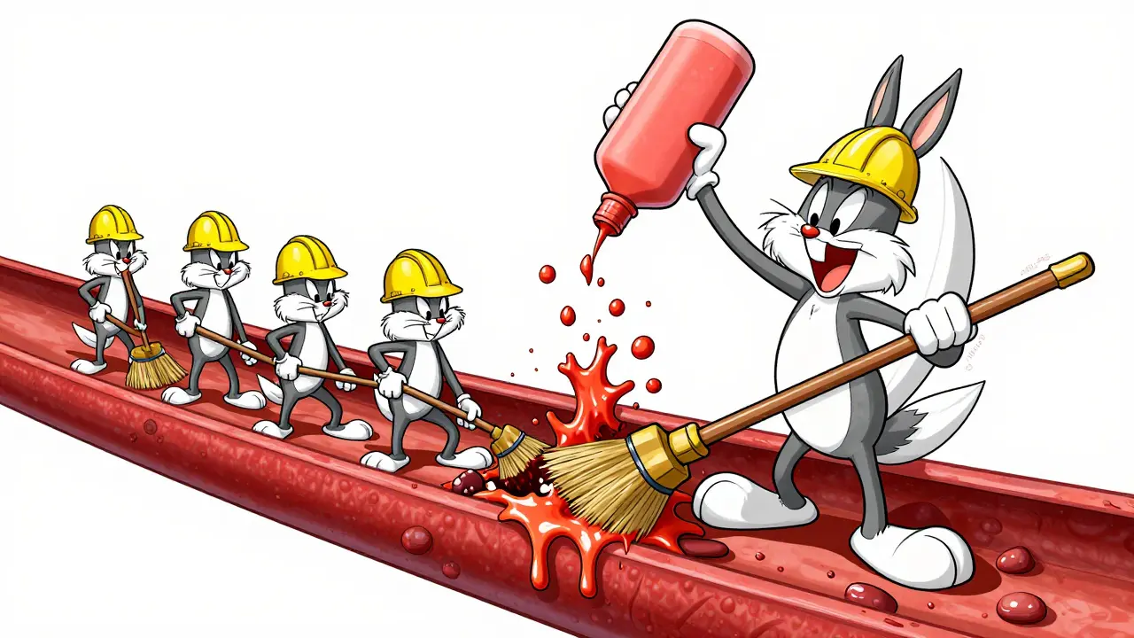 Cartoon cleanup cells trying to clear an artery blocked by a gluey Lp(a) character.