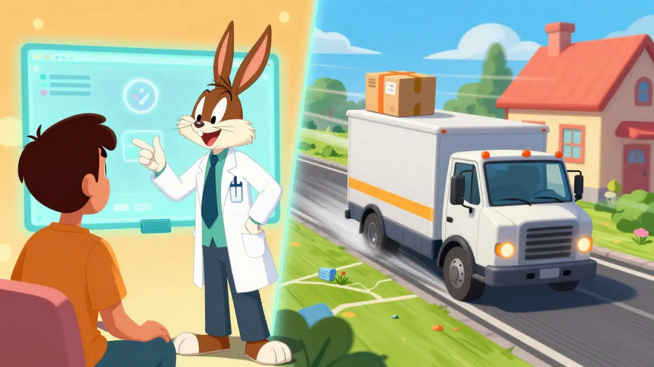 Cartoon depicting a telehealth doctor visit and a fast delivery truck carrying medicine.