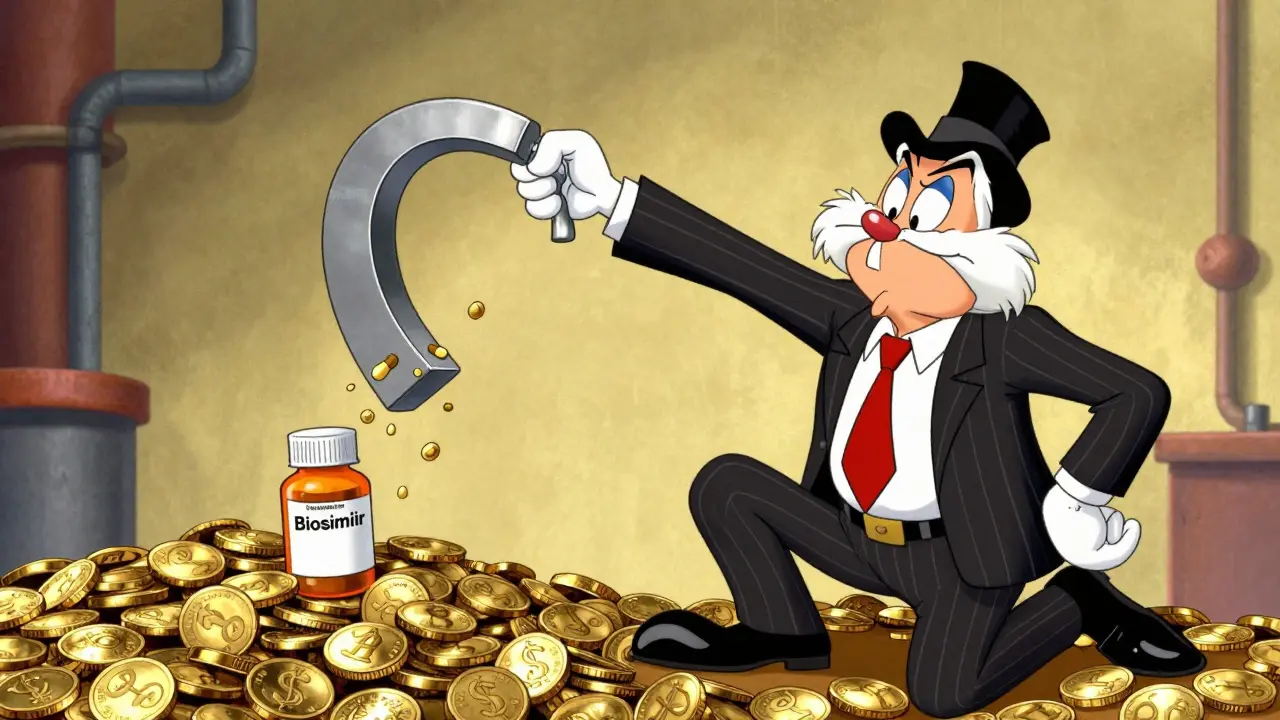 Cartoon of a greedy executive using a magnet to divert a patient toward an expensive drug.