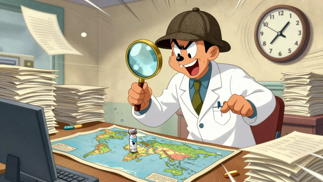 Cartoon pharmacist acting as a detective searching for medication on a map