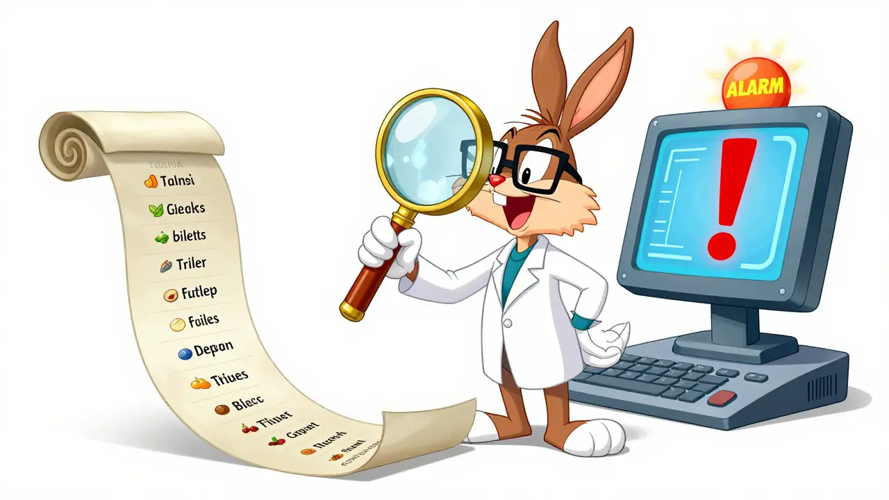 Cartoon pharmacist using a magnifying glass to audit a long list of medication ingredients.
