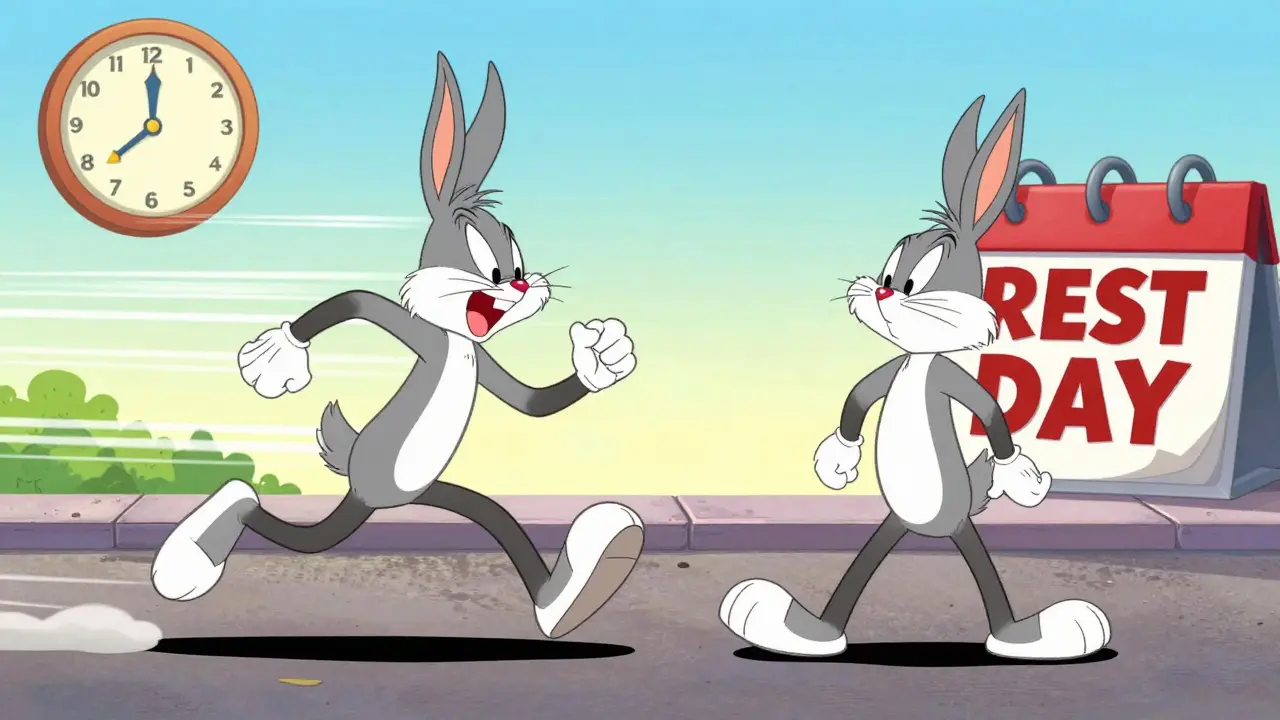 Cartoon runner alternating between running and walking on a sunny path with a rest day calendar.