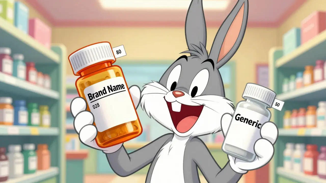 Character comparing an expensive brand name pill bottle with a cheap generic one