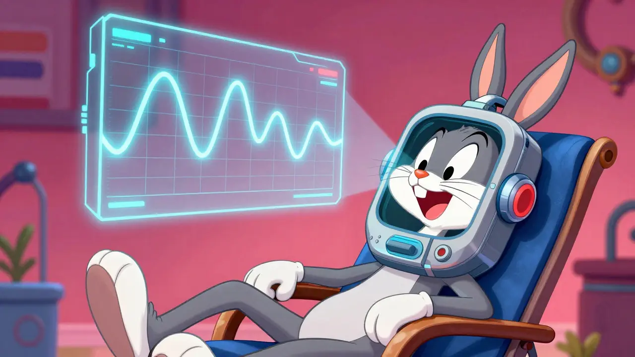 Character using a whimsical high-tech glucose monitor showing a holographic trend line.