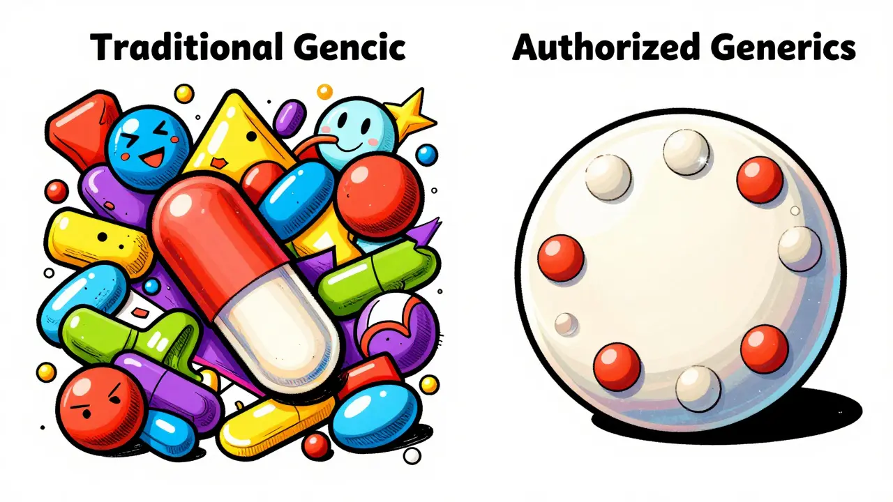 Comparison of a traditional generic pill with fillers versus an identical authorized generic pill.