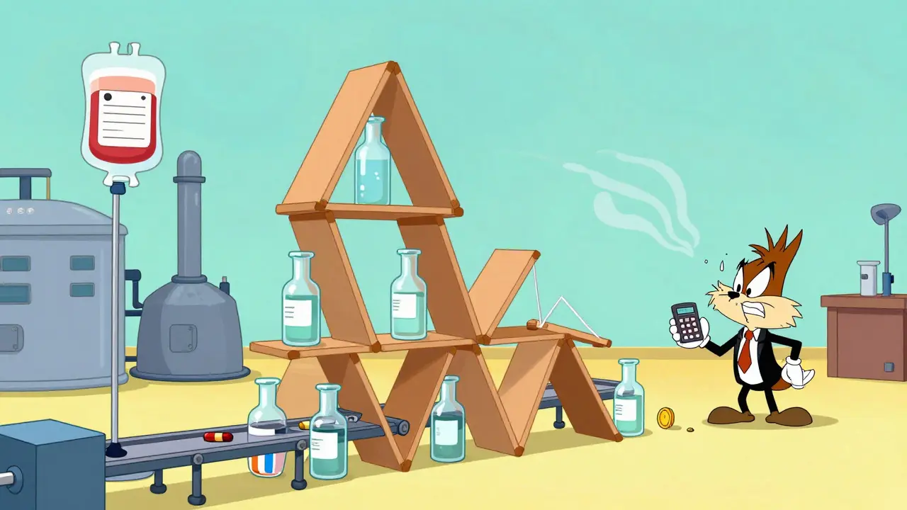 Fragile house of cards made of IV bags and medicine vials in a factory