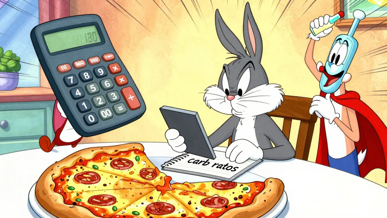 Funny character calculating insulin dose for a slice of pizza with a giant calculator.