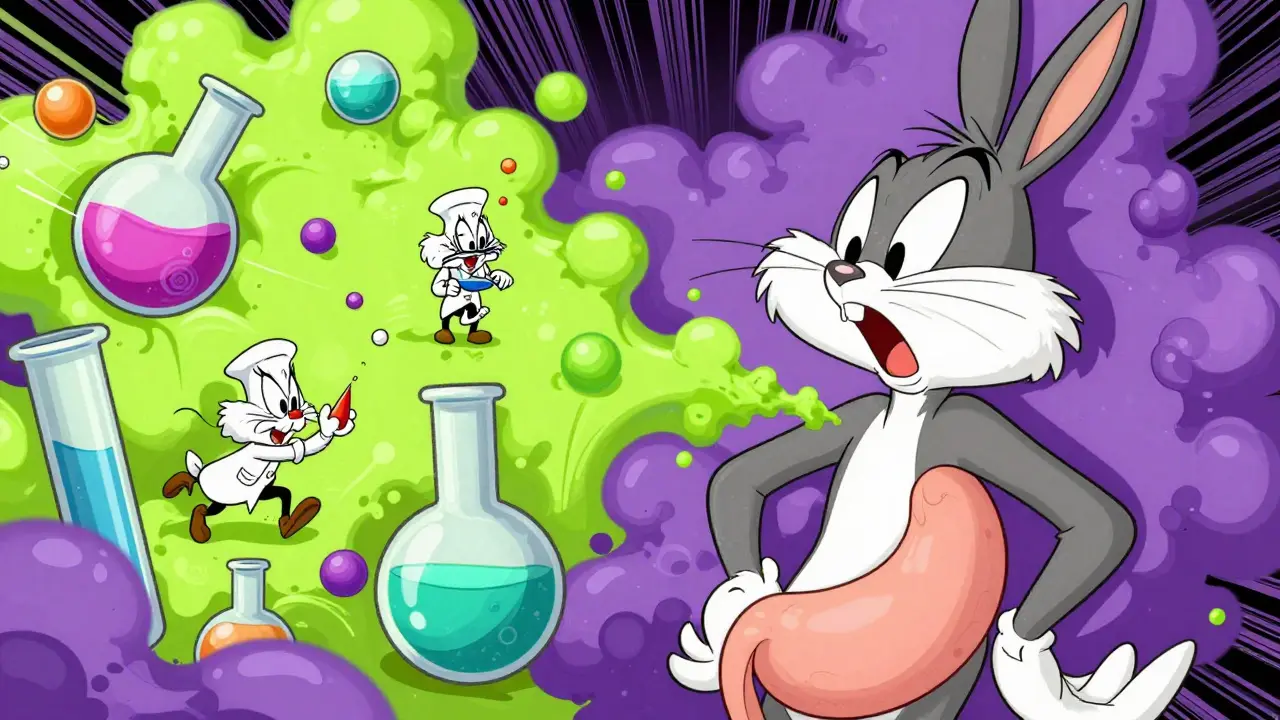 Humorous cutaway of a stomach as a chaotic lab with colorful bubbling chemicals.