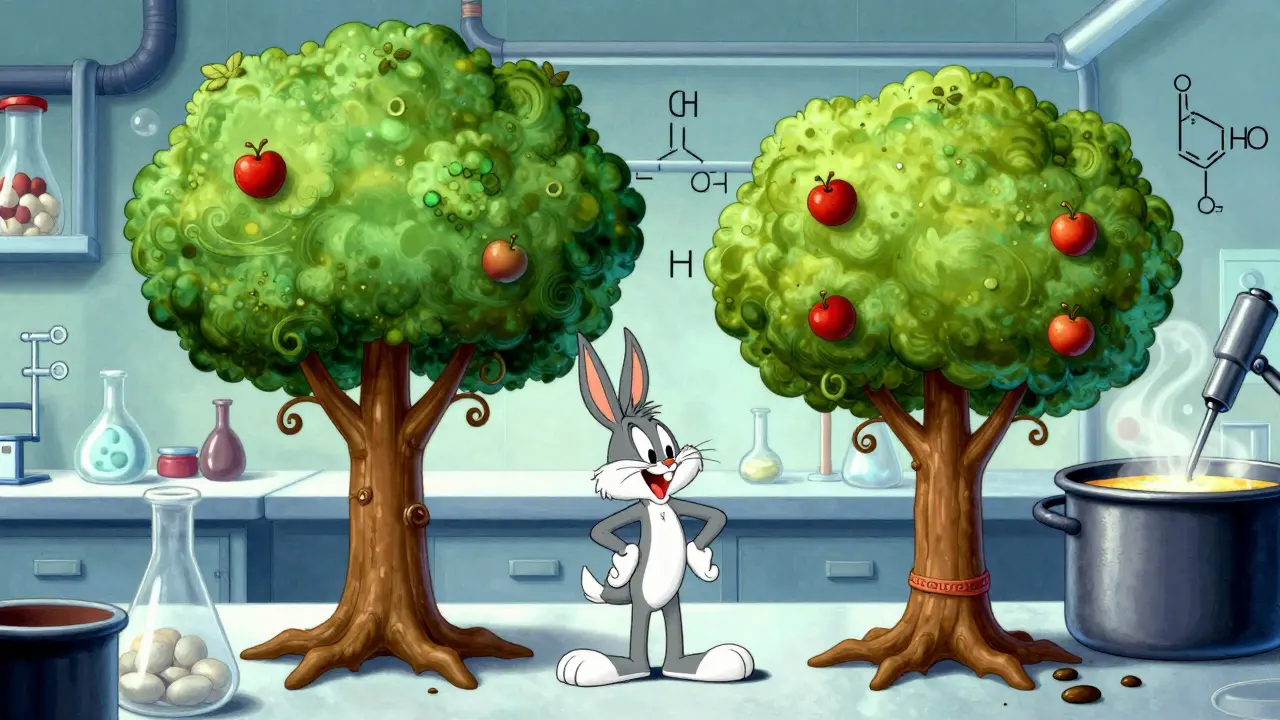 Illustration of two similar apple trees growing in a whimsical laboratory setting.