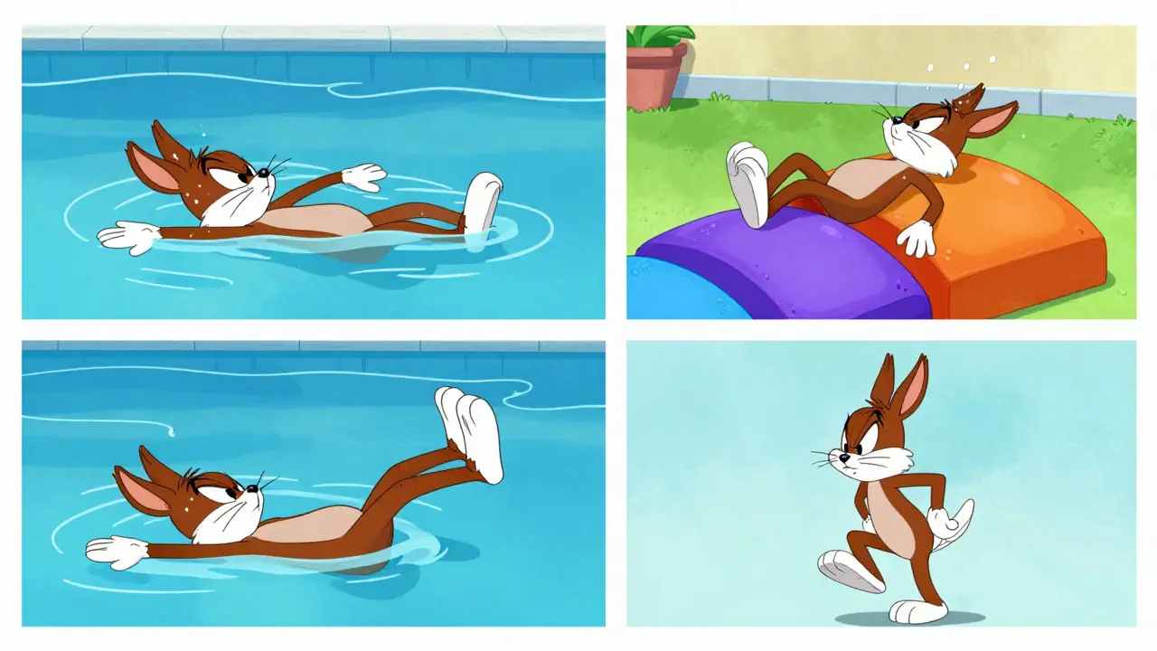Sequence of a character swimming, doing heel raises, and hopping during injury recovery.
