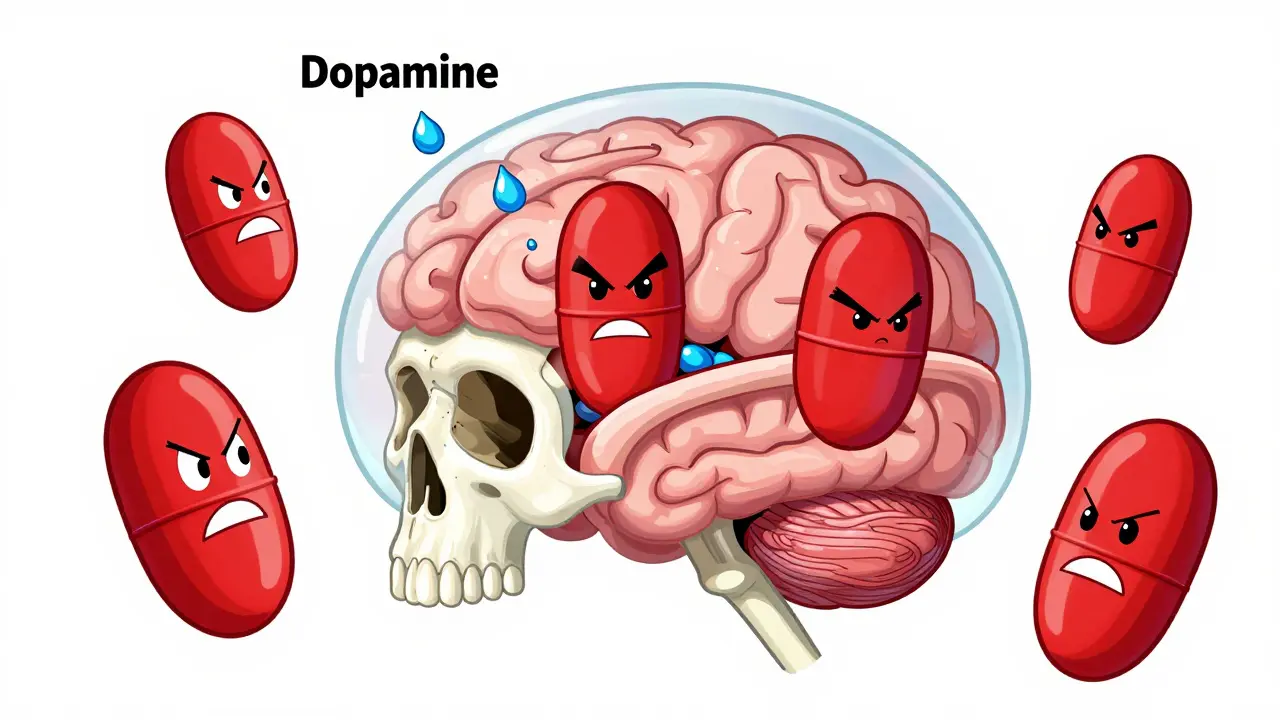 Animated brain showing pills blocking scarce dopamine pathways.