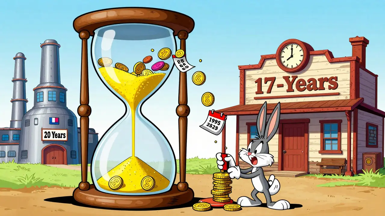 Animated hourglass with coins and calendars falling, showing US and old patent term rules.