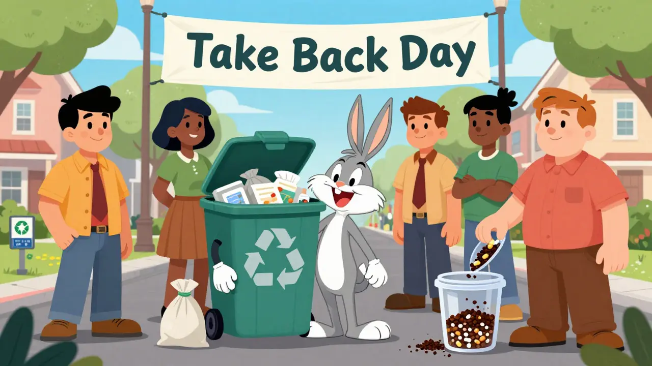 Cartoon characters disposing of unused meds safely at take-back