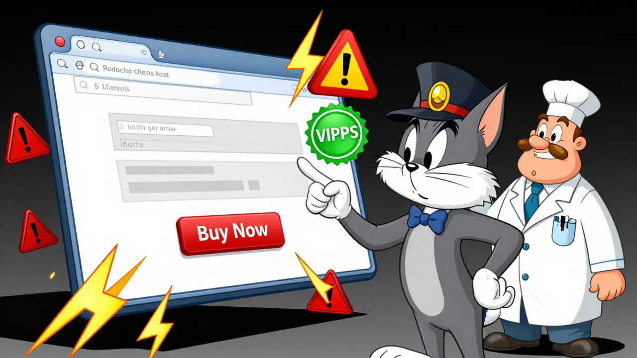 Cartoon detective spotting online pharmacy scams