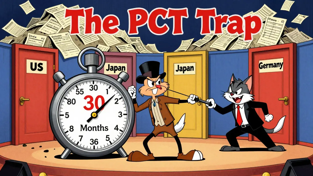 Cartoon inventor stressed as PCT deadline doors slam shut and bill mountains grow.