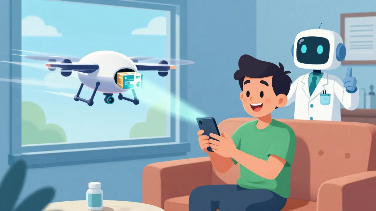 Cartoon of patient using phone for fast med delivery