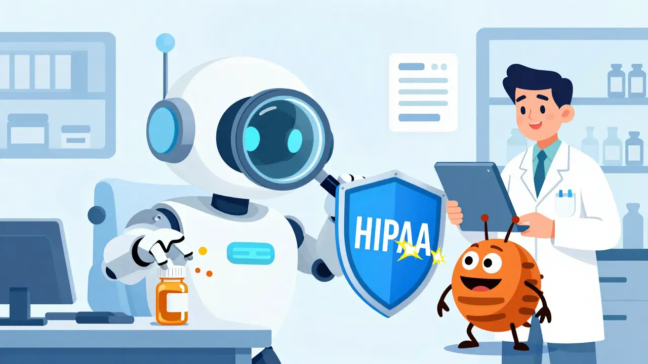 Cartoon of robot checking pills with human supervisor