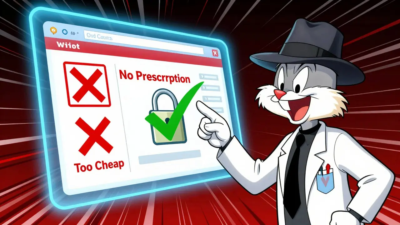 Cartoon pharmacist inspecting website warnings for fake pharmacies