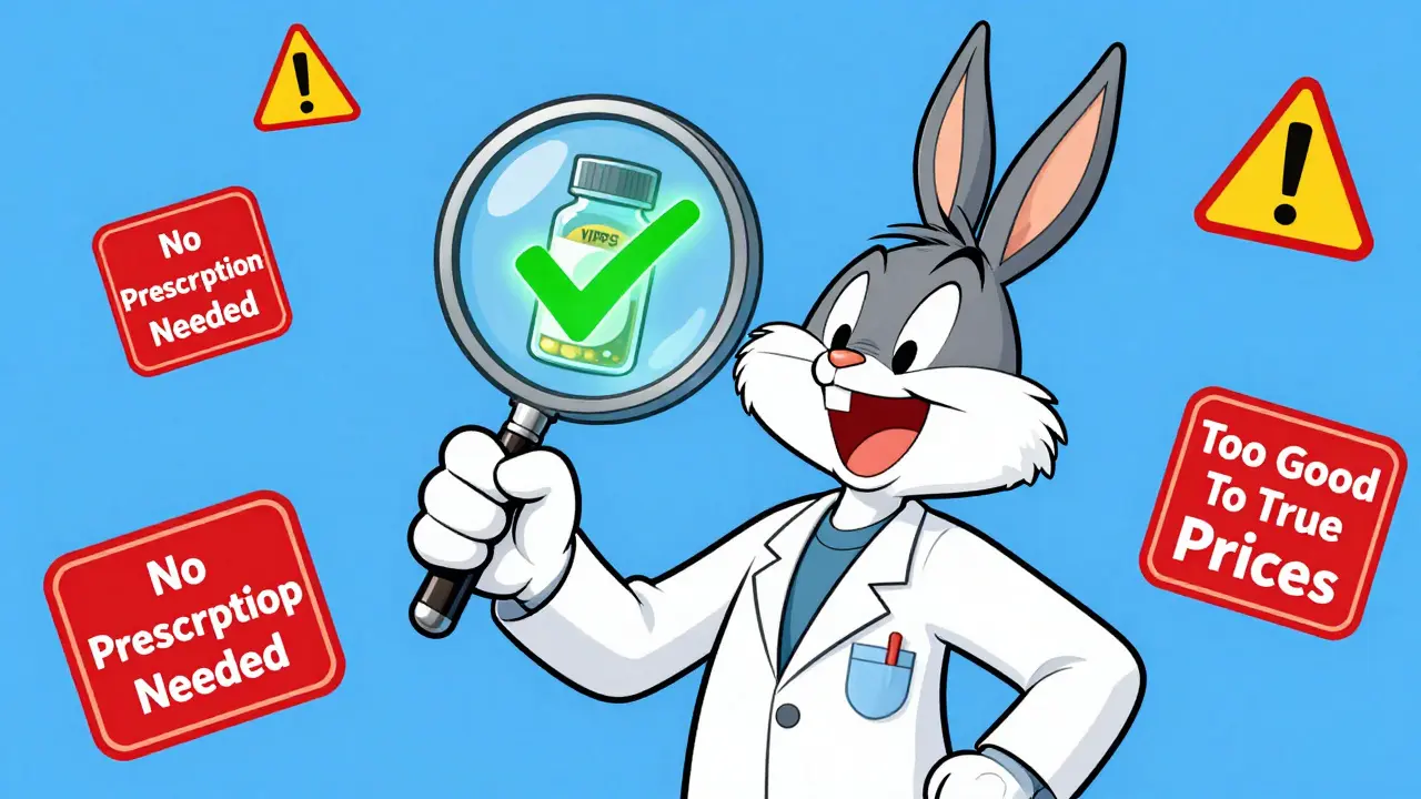 Cartoon pharmacist verifying safe pills with a glowing checkmark