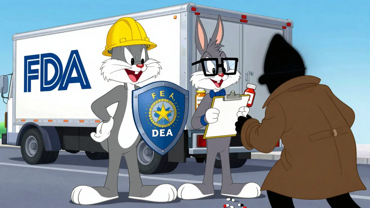 Cartoon regulators blocking a scammer from stealing medicine trucks