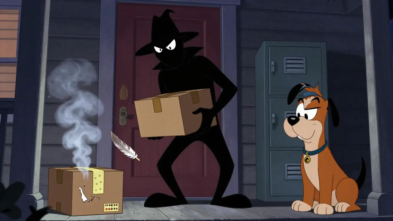 Cartoon thief stealing medicine from porch next to secure locker