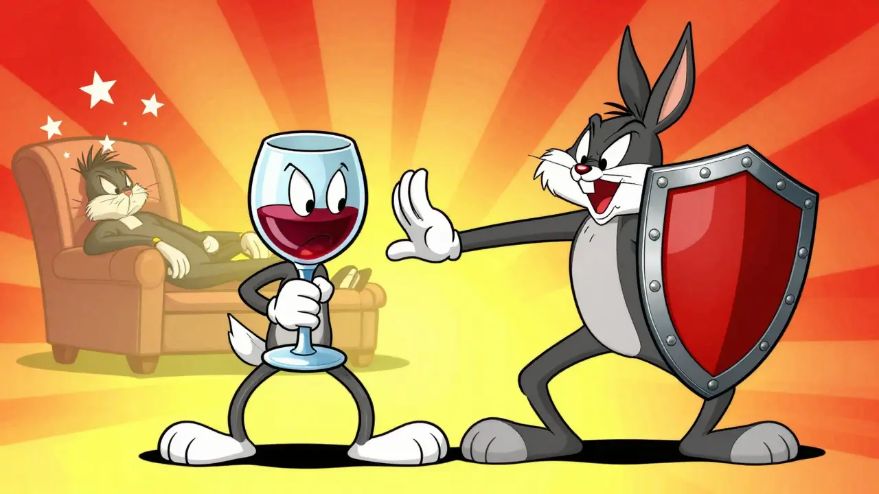 Cartoon warning sign showing danger of mixing pills with alcohol.