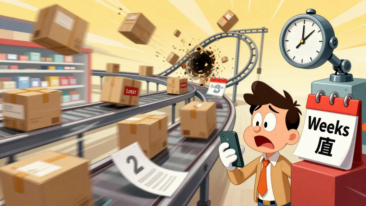 Chaotic pharmacy conveyor belt showing delayed packages and confusion