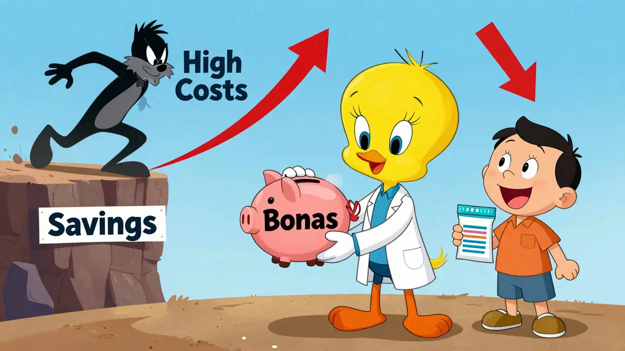 Cheerful cartoon doctor receiving bonus for prescribing generics