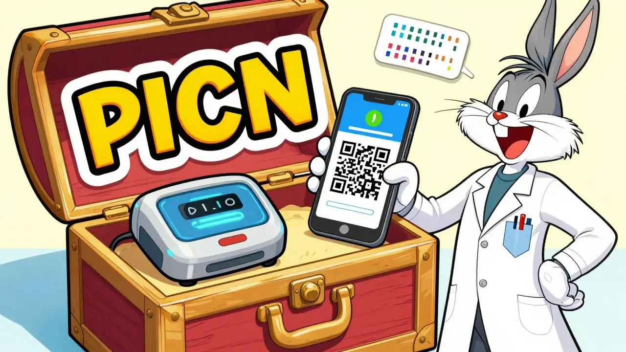Cheerful pharmacist presenting various accessible label options like large print and audio.