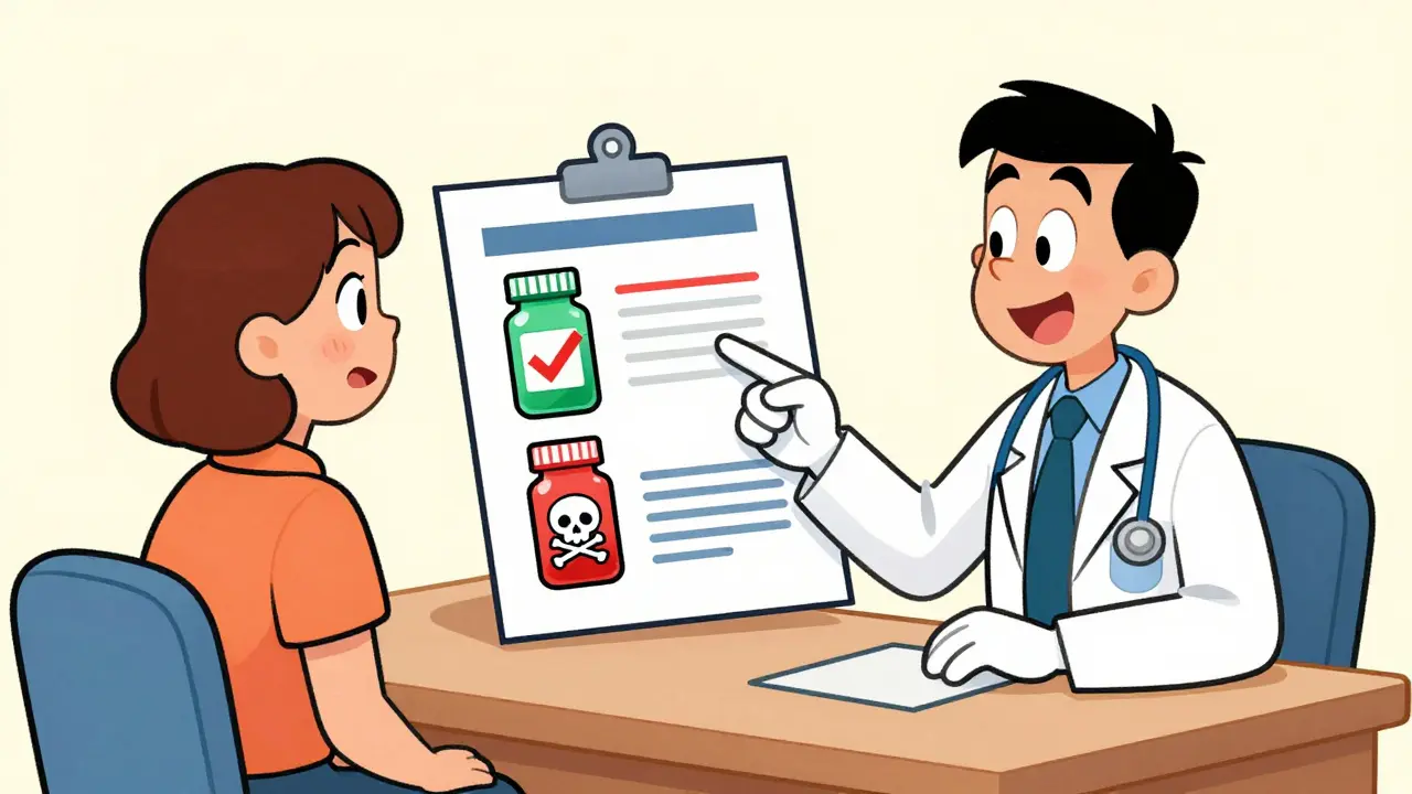 Doctor and patient choosing safe medication from a comparison chart.