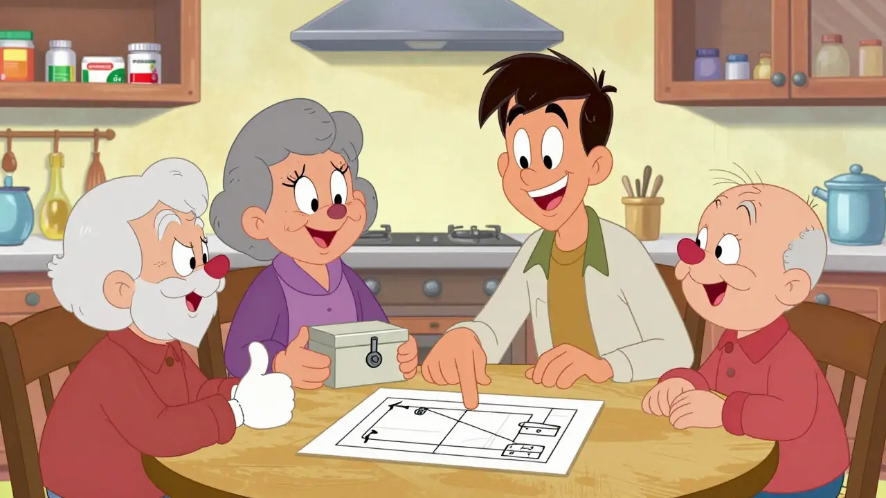 Family group happily planning medication safety together at a table