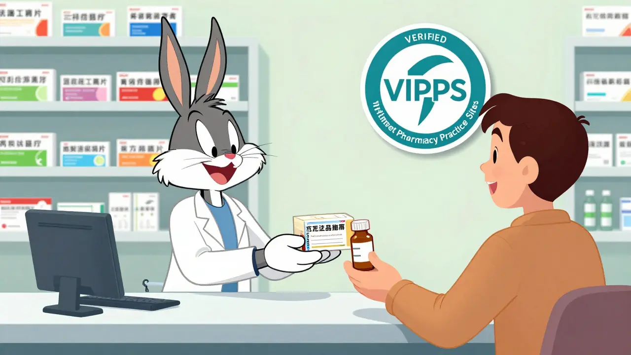 Friendly cartoon pharmacist handing prescription with safety seal.