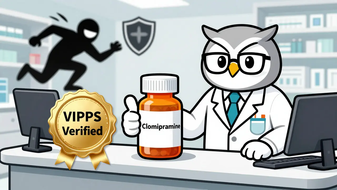 Friendly pharmacist owl and verified pill character showcasing safe online pharmacy seals.