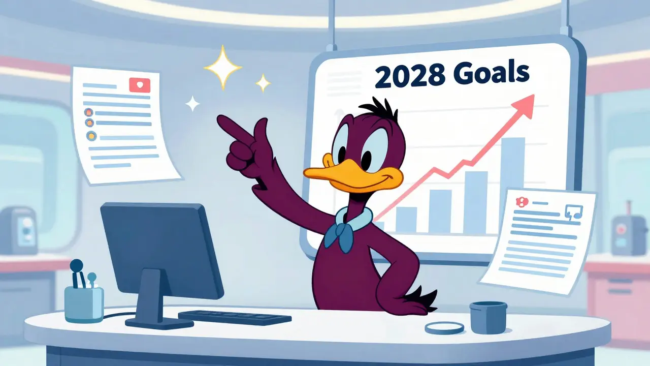 Futuristic cartoon admin celebrating 2028 healthcare goals