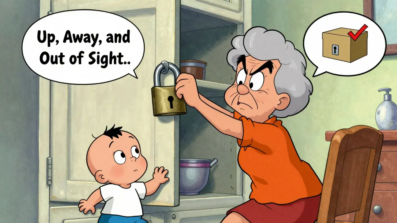 Grandmother locking a high cabinet as a toddler looks on in confusion