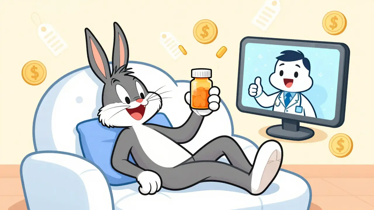 Happy cartoon patient relaxing with affordable generic medication