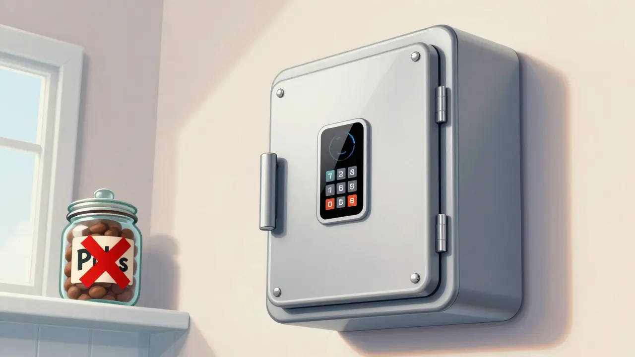 Illustration of a secure locked medicine box vs open jar